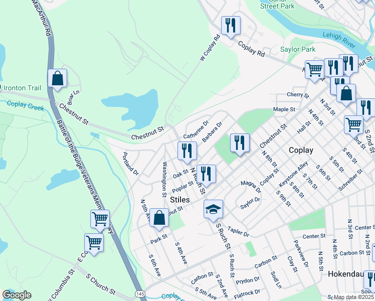 map of restaurants, bars, coffee shops, grocery stores, and more near 305 North Ruch Street in Coplay