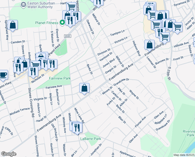 map of restaurants, bars, coffee shops, grocery stores, and more near 3228 Oregon Street in Easton