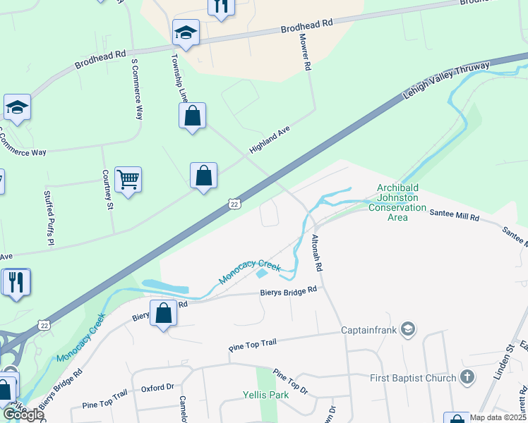 map of restaurants, bars, coffee shops, grocery stores, and more near 3672 Cottage Drive in Bethlehem