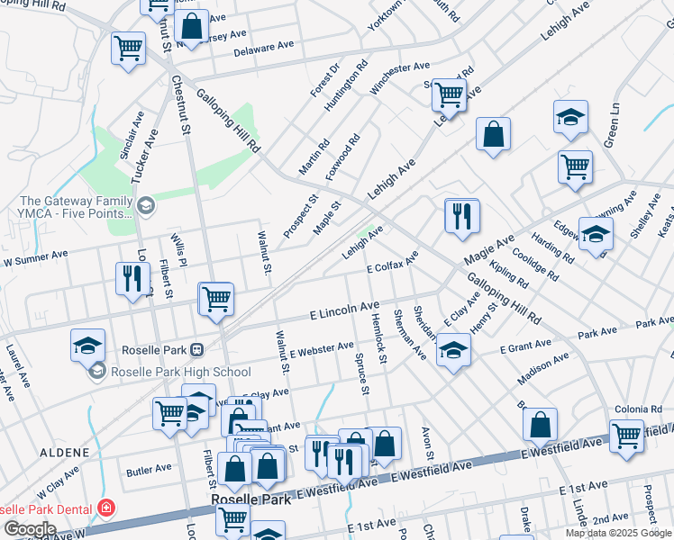 map of restaurants, bars, coffee shops, grocery stores, and more near 150 East Colfax Avenue in Roselle Park