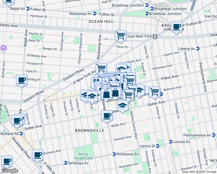 map of restaurants, bars, coffee shops, grocery stores, and more near 1722 Pitkin Avenue in Brooklyn