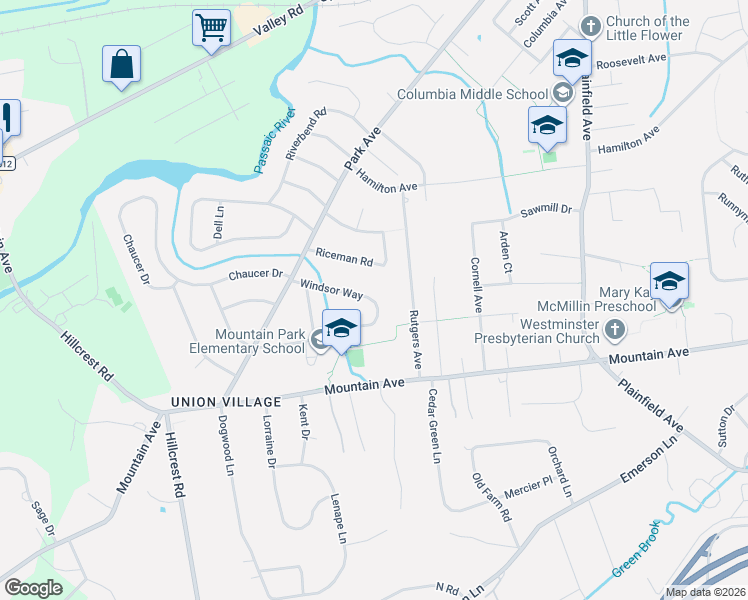map of restaurants, bars, coffee shops, grocery stores, and more near 115 Windsor Way in Berkeley Heights