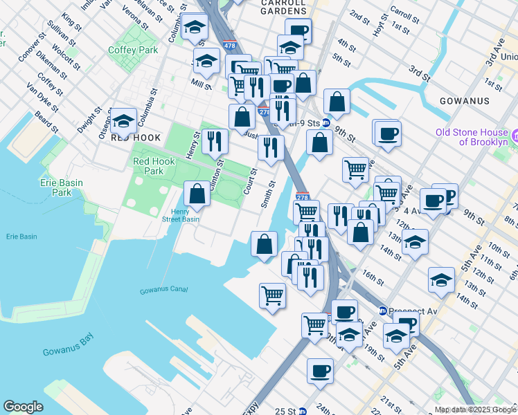 map of restaurants, bars, coffee shops, grocery stores, and more near 628 Smith Street in Brooklyn