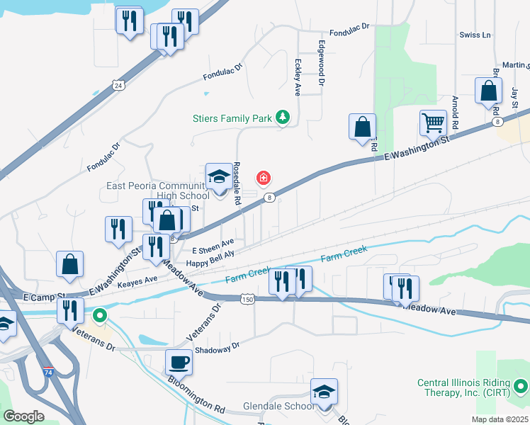 map of restaurants, bars, coffee shops, grocery stores, and more near 105 Caroline Street in East Peoria