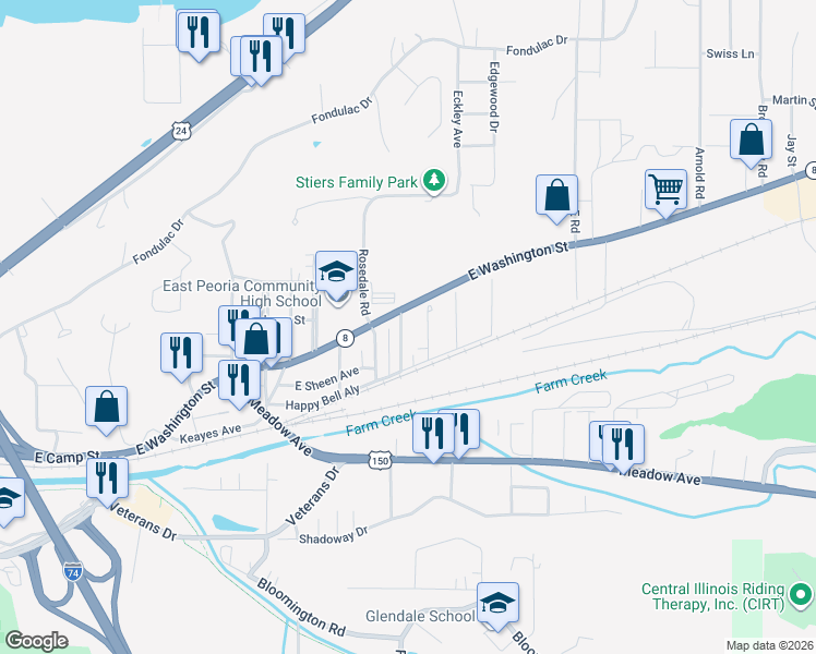 map of restaurants, bars, coffee shops, grocery stores, and more near 150 Linden Street in East Peoria