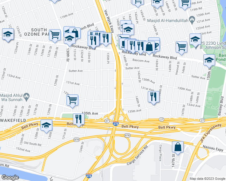 map of restaurants, bars, coffee shops, grocery stores, and more near 13064 Van Wyck Expressway in Queens