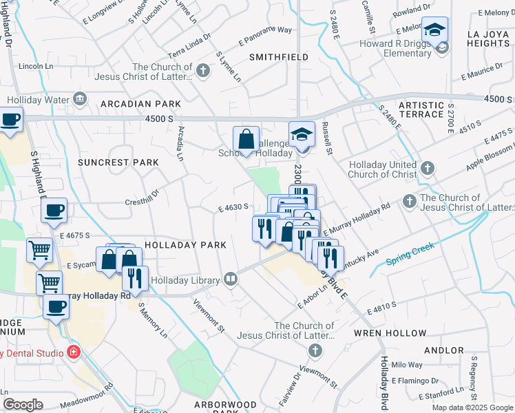 map of restaurants, bars, coffee shops, grocery stores, and more near 2241 Laney Avenue in Holladay