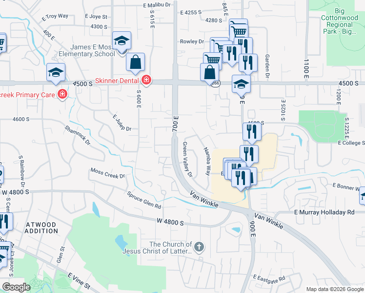 map of restaurants, bars, coffee shops, grocery stores, and more near 4646 South Green Valley Drive in Murray