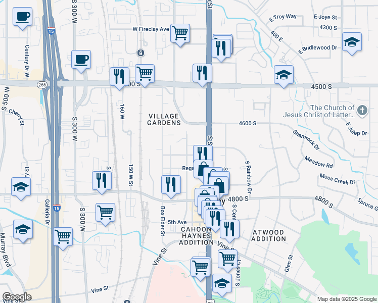 map of restaurants, bars, coffee shops, grocery stores, and more near 62 East Miller Street in Murray