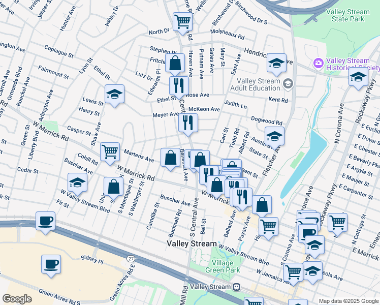 map of restaurants, bars, coffee shops, grocery stores, and more near 60 North Central Avenue in Valley Stream