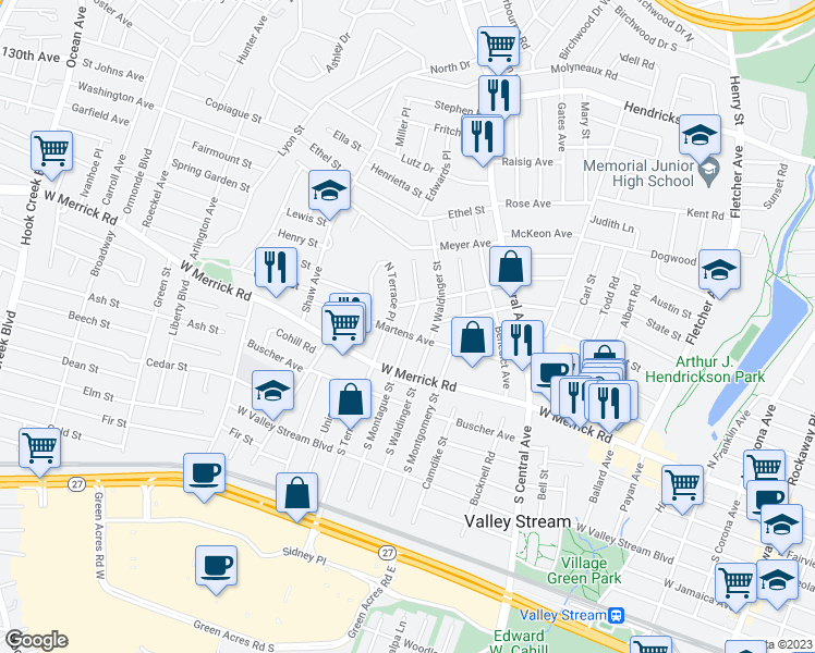 map of restaurants, bars, coffee shops, grocery stores, and more near 32 North Montague Street in Valley Stream