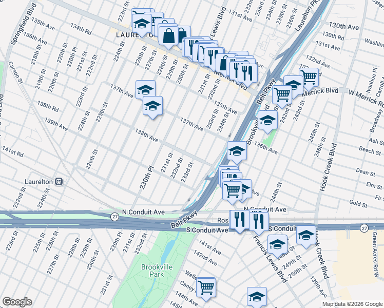 map of restaurants, bars, coffee shops, grocery stores, and more near 138-07 233rd Street in Queens