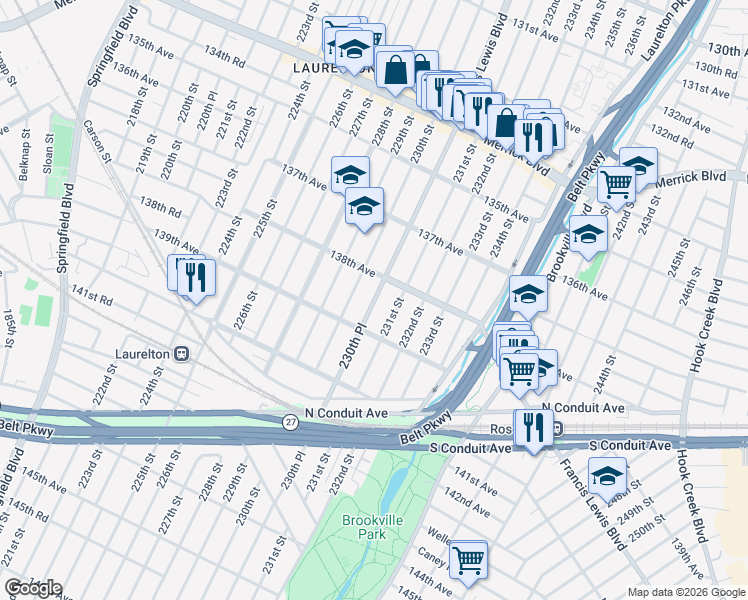 map of restaurants, bars, coffee shops, grocery stores, and more near 138-41 230th Place in Queens