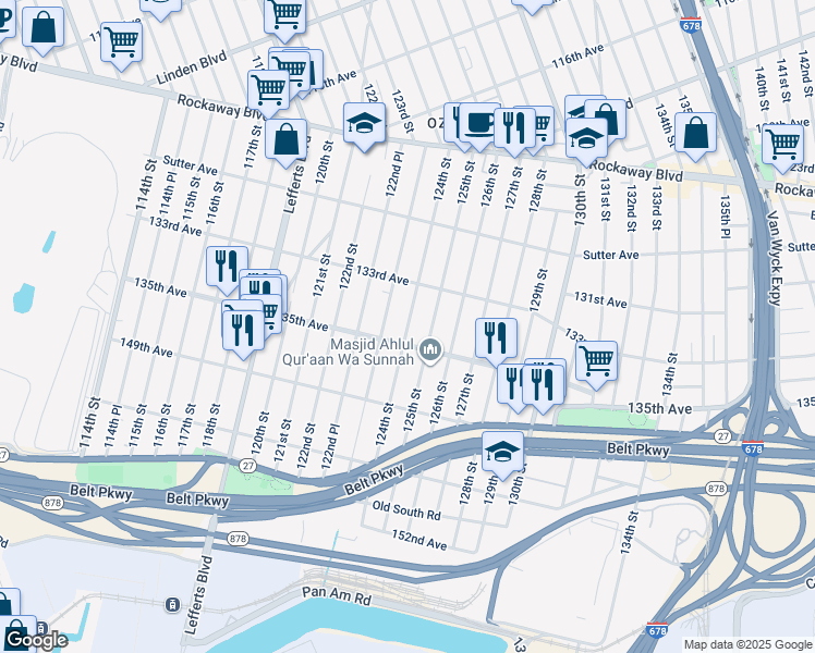 map of restaurants, bars, coffee shops, grocery stores, and more near 124-9 135th Avenue in Queens