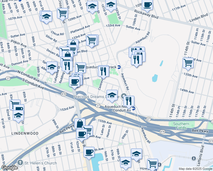 map of restaurants, bars, coffee shops, grocery stores, and more near 149-55 Tahoe Street in Queens