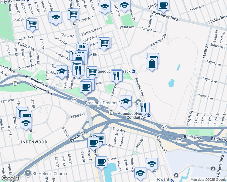 map of restaurants, bars, coffee shops, grocery stores, and more near 150-06 Centreville Street in Queens