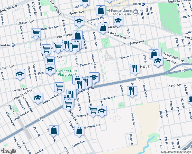 map of restaurants, bars, coffee shops, grocery stores, and more near 2635 Linden Boulevard in Brooklyn
