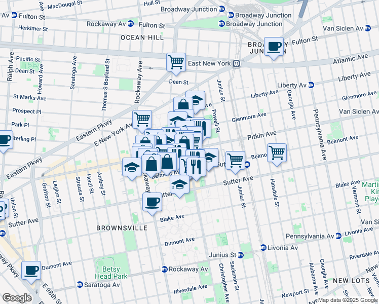 map of restaurants, bars, coffee shops, grocery stores, and more near 393 Mother Gaston Boulevard in Brooklyn