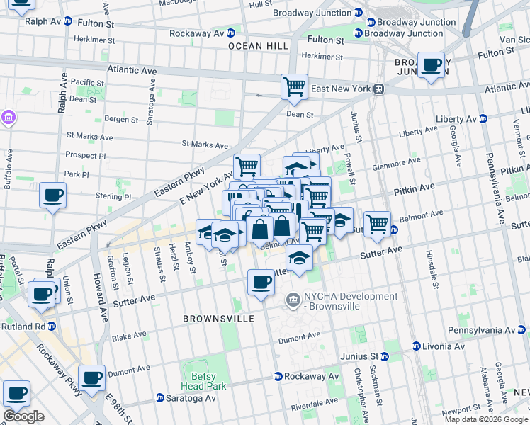 map of restaurants, bars, coffee shops, grocery stores, and more near 1722 Pitkin Avenue in Brooklyn