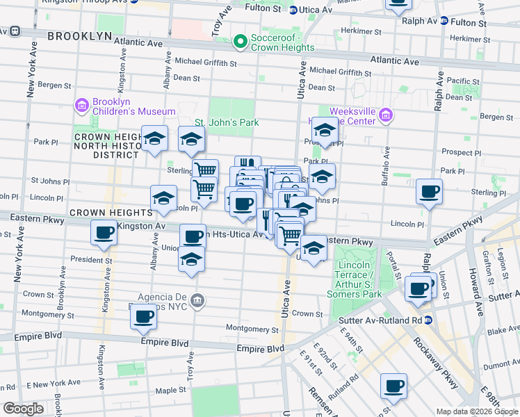 map of restaurants, bars, coffee shops, grocery stores, and more near 1051 Eastern Parkway in Brooklyn