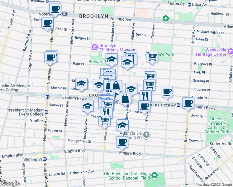 map of restaurants, bars, coffee shops, grocery stores, and more near 823 Eastern Parkway in Brooklyn
