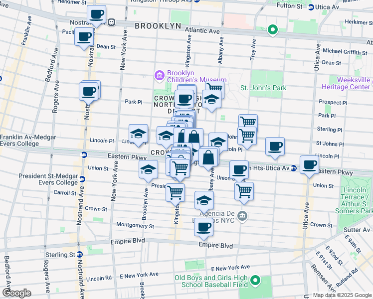 map of restaurants, bars, coffee shops, grocery stores, and more near 823 Eastern Parkway in Brooklyn