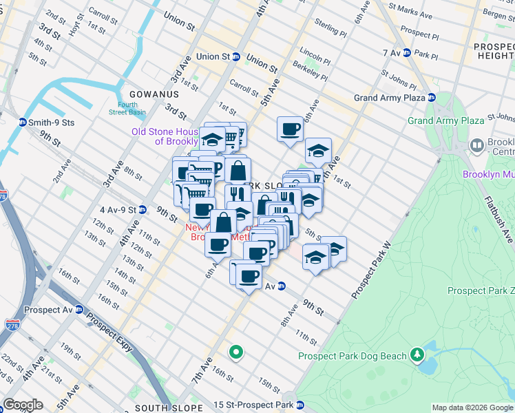 map of restaurants, bars, coffee shops, grocery stores, and more near 425 6th Street in Brooklyn