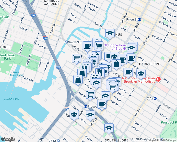 map of restaurants, bars, coffee shops, grocery stores, and more near 171 12th Street in Brooklyn