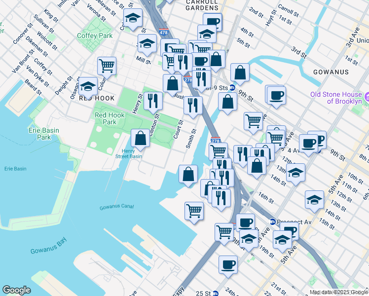map of restaurants, bars, coffee shops, grocery stores, and more near 643 Court Street in Brooklyn