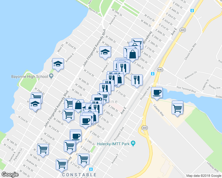 map of restaurants, bars, coffee shops, grocery stores, and more near 653 Broadway in Bayonne