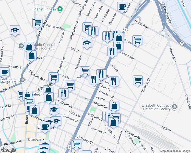 map of restaurants, bars, coffee shops, grocery stores, and more near 1015 Flora Street in Elizabeth