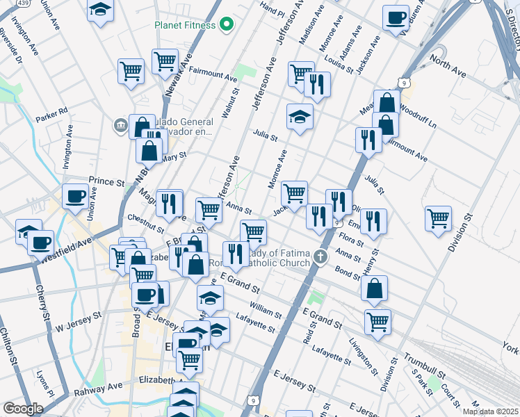 map of restaurants, bars, coffee shops, grocery stores, and more near 1074 Anna Street in Elizabeth