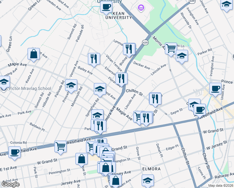 map of restaurants, bars, coffee shops, grocery stores, and more near 422 Elmora Avenue in Elizabeth
