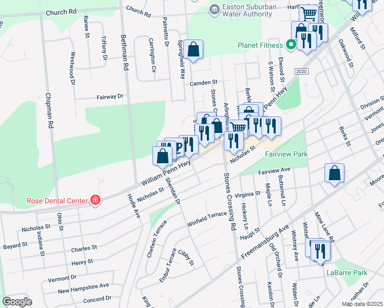 map of restaurants, bars, coffee shops, grocery stores, and more near 4040 William Penn Highway in Easton