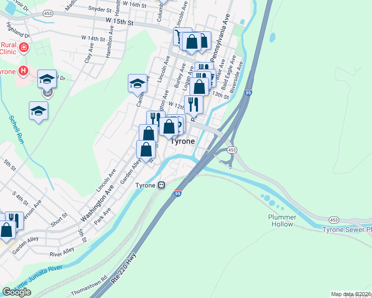 map of restaurants, bars, coffee shops, grocery stores, and more near 924-36 Penna Ave in Tyrone