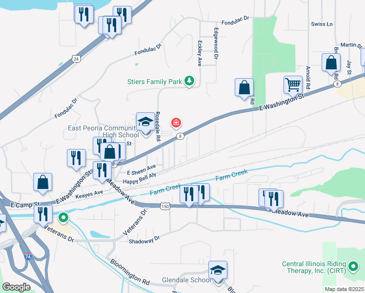 map of restaurants, bars, coffee shops, grocery stores, and more near 150 Linden Street in East Peoria