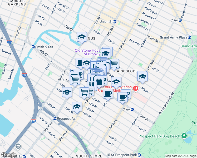 map of restaurants, bars, coffee shops, grocery stores, and more near 416 5th Avenue in Brooklyn