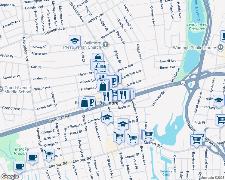 map of restaurants, bars, coffee shops, grocery stores, and more near 6 Broadway in Bellmore