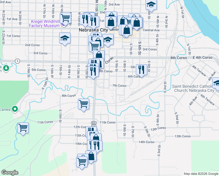 map of restaurants, bars, coffee shops, grocery stores, and more near 951-999 7th Corso in Nebraska City