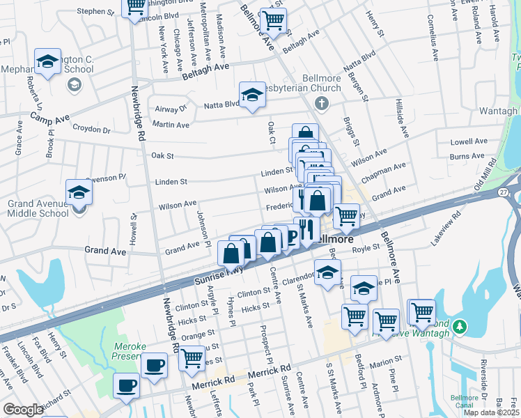 map of restaurants, bars, coffee shops, grocery stores, and more near 300 Frederick Avenue in Bellmore