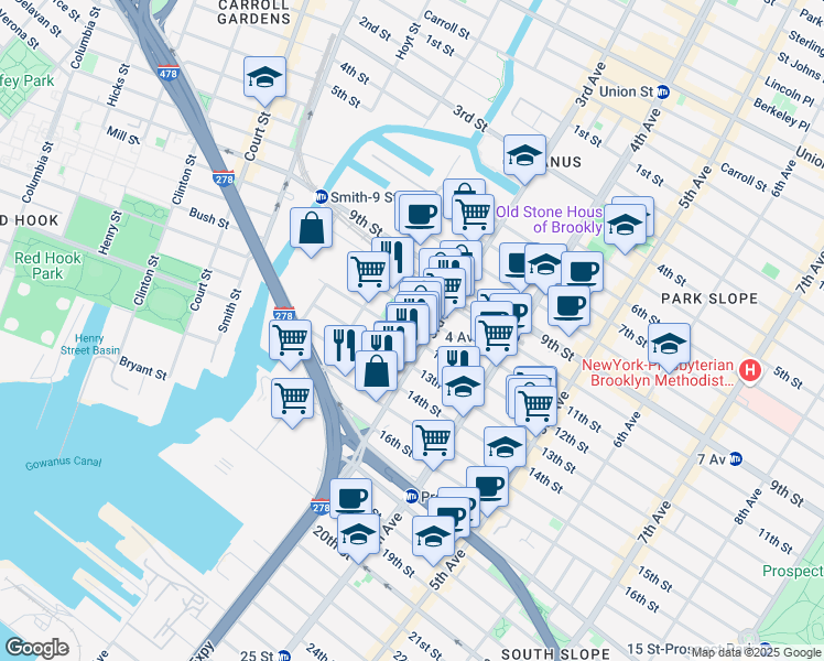 map of restaurants, bars, coffee shops, grocery stores, and more near 129 13th Street in Brooklyn