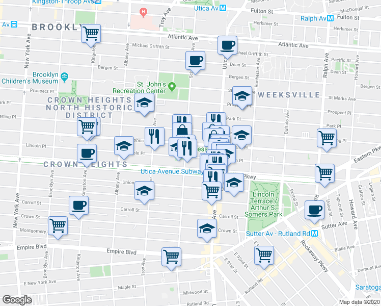 map of restaurants, bars, coffee shops, grocery stores, and more near 1301 Lincoln Place in Brooklyn