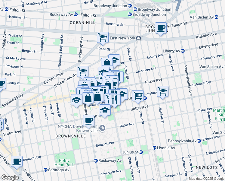 map of restaurants, bars, coffee shops, grocery stores, and more near 1800 Pitkin Avenue in Brooklyn