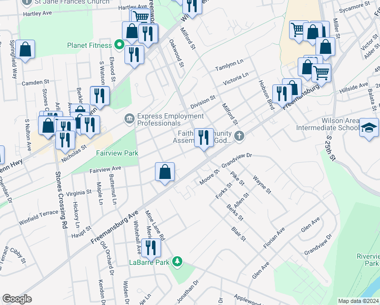 map of restaurants, bars, coffee shops, grocery stores, and more near 3228 Oregon Street in Easton