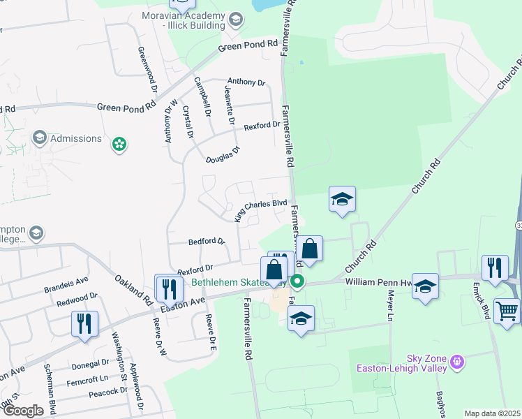 map of restaurants, bars, coffee shops, grocery stores, and more near 141 Founders Court in Bethlehem