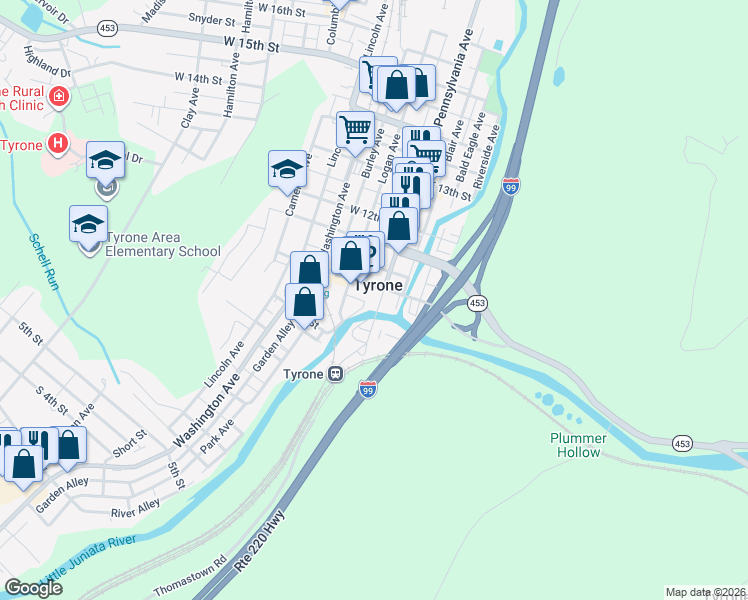 map of restaurants, bars, coffee shops, grocery stores, and more near 924-36 Penna Ave in Tyrone