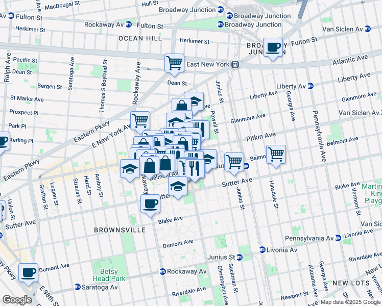 map of restaurants, bars, coffee shops, grocery stores, and more near 1800 Pitkin Avenue in Brooklyn