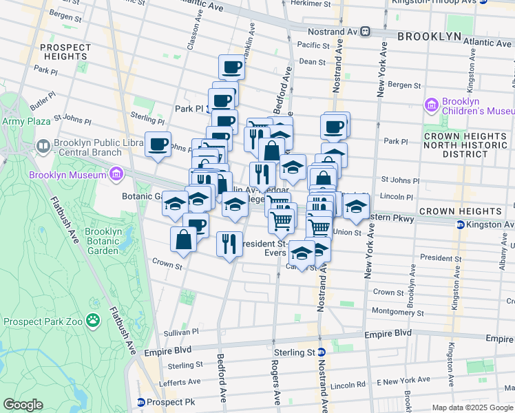 map of restaurants, bars, coffee shops, grocery stores, and more near 411 Eastern Parkway in Brooklyn