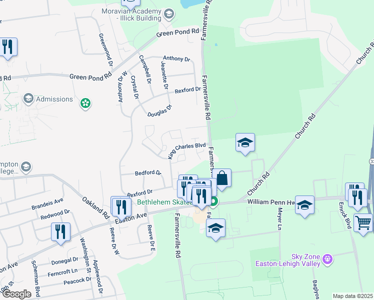 map of restaurants, bars, coffee shops, grocery stores, and more near 141 Founders Court in Bethlehem