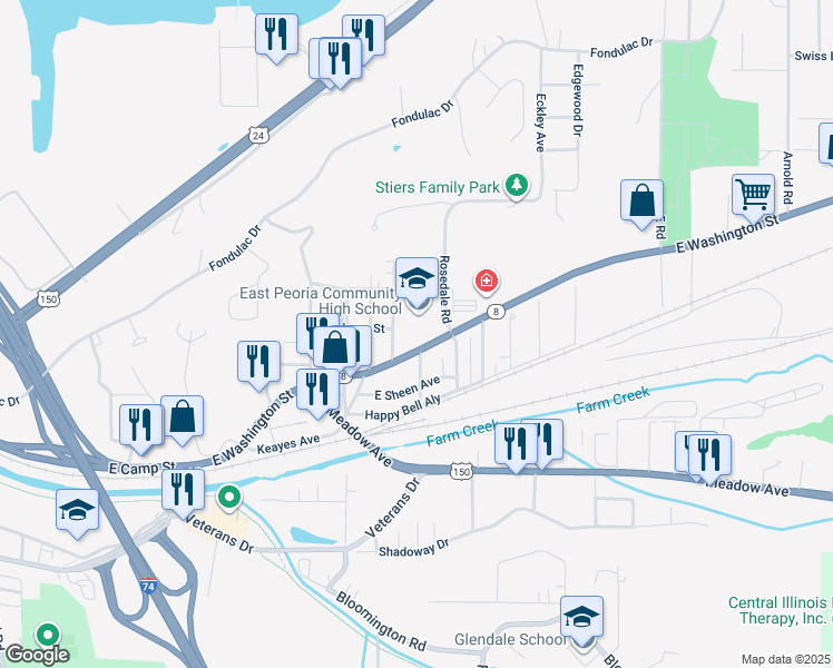 map of restaurants, bars, coffee shops, grocery stores, and more near 101 Crawford Avenue in East Peoria